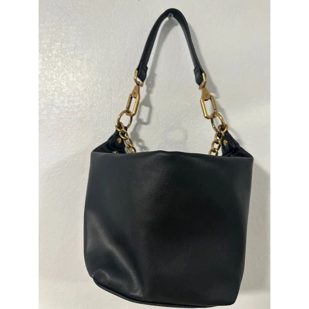 Steve‎ Madden Black Faux Leather Shoulder Bag Gold Chain Accent